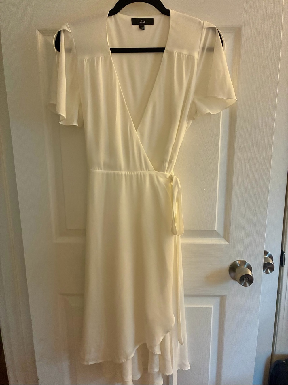 Lulu's Cream Wrap Midi Dress with Flutter Sleeves and Tie Waist